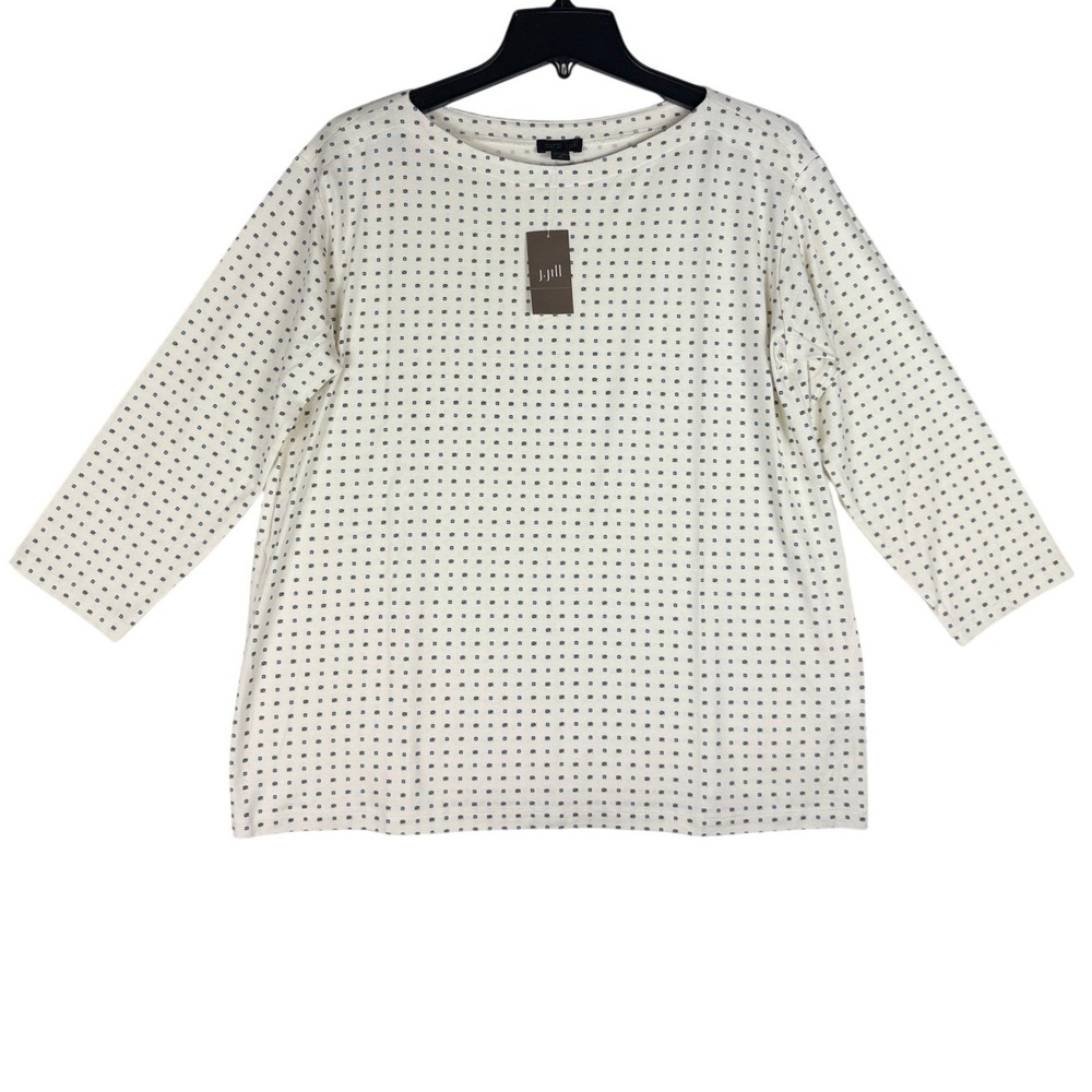 J. Jill Wearever Top Womens Medium Tall MT Cream Geometric 3/4 Sleeve Boat Neck